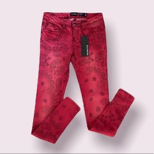 Ranbeeri Red Paisley Print Skinny Jeans